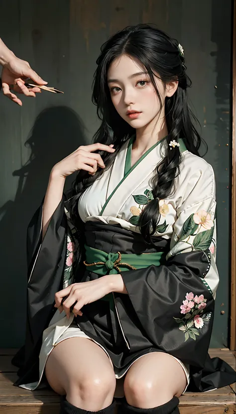 meticulous portrayal of face，1 noblewoman，(camellia kimono)，(long flowing black and green hair)，simple and elegant japanese clot...