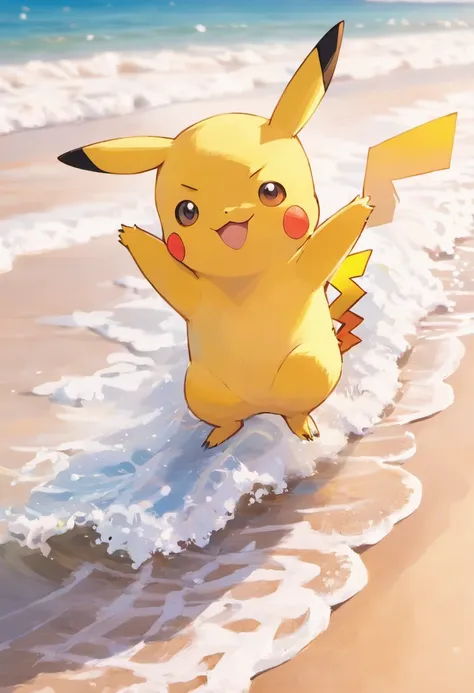 Foto do pikachu surfando na praia