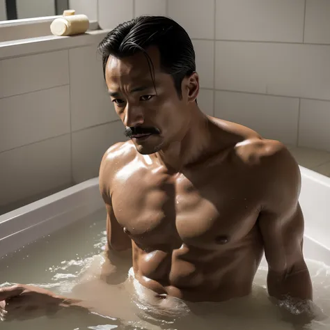 45 yers old，Hidetoshi Nakata ，（Kogoro Mouri 1.3），There were two muscular men in the bathtub，Naked upper body，Crotch contour，with mustache，tmasterpiece，k hd，Business suit，greys