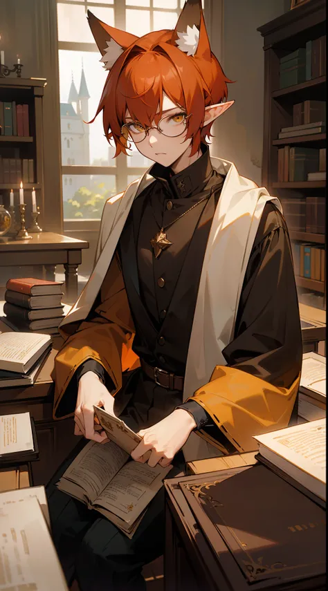 (Original Character,8k, Masterpiece, Best Quality,Detailed, solo),1boy, black ptince outfit,yellow eyes,red hair,short hair,fox ears,elf ears,glasses,(sitting in front of a table full of books in a room in castle),neutral face,cowboy shot