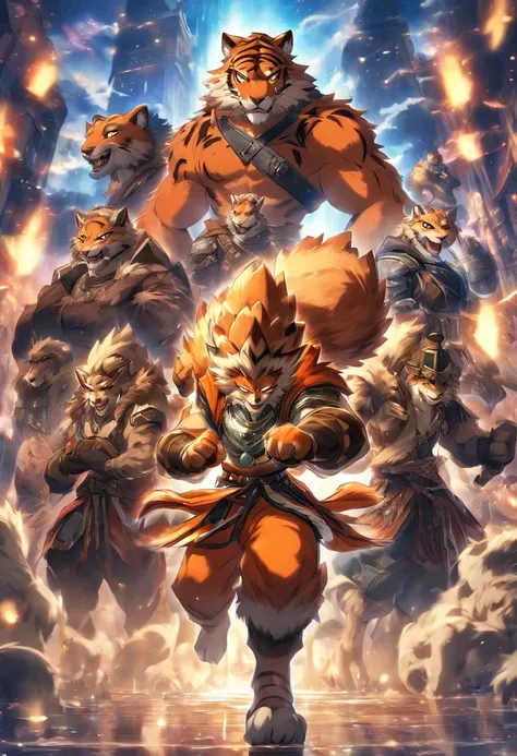 top quality, best quality, High-quality illustrations, masterpiece, super high resolution, detailed background, (((exactly 4 male and 1 female furry weretigers))), epic lighting, assorted poses, dynamic angle, looking at user, (group photo shot), various s...