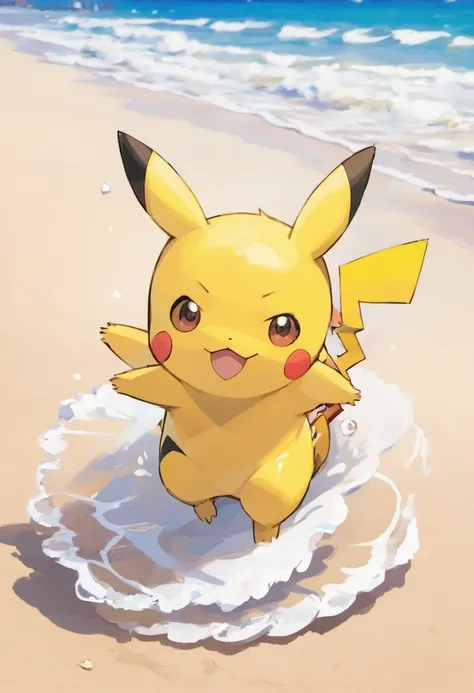 Pikachu surfando em uma onda na praia