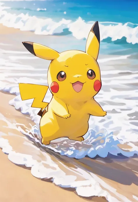 Pikachu surfando em uma onda na praia