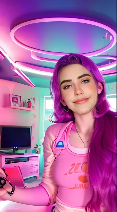 Menina com cabelo roxo e uma camisa rosa segurando um celular, Streamer do Twitch, linda Delphine, 8 0s airbrush aesthetic, cabelo longo chiclete, Retrato de uma Lisa Frank, 8 0 s vibe anime, em seu quarto, ela tem cabelo roxo, gamer aesthetic, Streamer do...