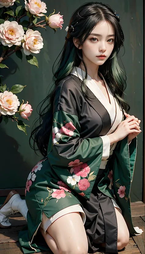 meticulous portrayal of face，1 noblewoman，(camellia kimono)，(long flowing black and green hair)，simple and elegant japanese clot...