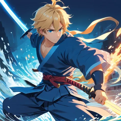 one male, anime, samurai, blonde hair, blonde beard, blue samurai armor, attacking, slashing, katana, water, middle aged, 4k, unbeatable masterpiece