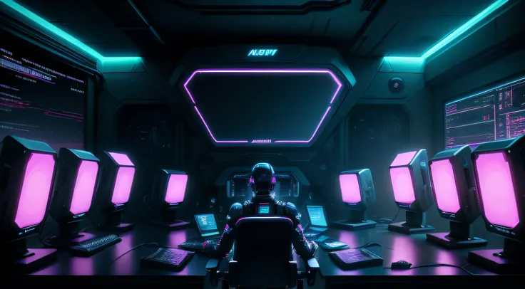 a radiantly lit computer lab with lots of monitors and a keyboard, humanoid robot in front of a computer, cyberpunk setting, Cyber punk configuration, cyber neon lighting, cyber space, cyberpunk with neon lighting, luzes cyber neon, in a cyberpunk themed r...