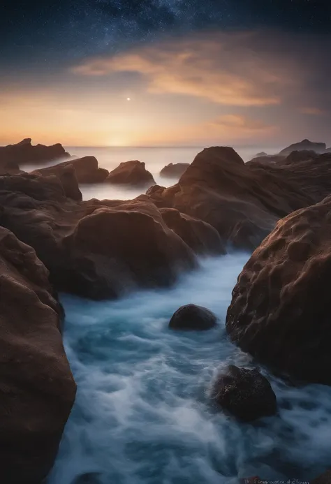 In a seaside scene，The middle view is a sea with ripples，There is a reef in the close-up，The background is a starry sky，At night，（starrysky），（sea surface），（large scene），cg render，largeaperture，8k，infinite details