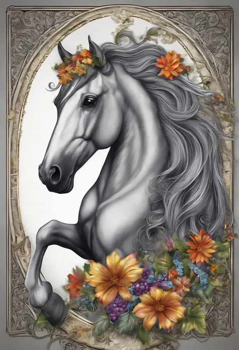 An ultra detailed realistic image of a beautiful horse in a witchs hat, with colorful mane and tail, full body, light gray background.