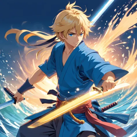 one male, anime, samurai, blonde hair, blonde beard, blue samurai armor, attacking, slashing, katana, water, middle aged, 4k, unbeatable masterpiece