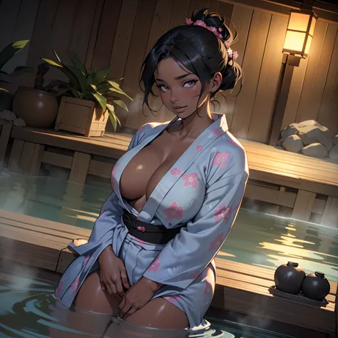 there is woman that is in a bath tub,(((A MILF: 1.4))), (Curvy:1.35),(((Dark skin))),Curvy physique,, Thick body，((dark nipple)),((Completely naked)), (((The breasts overflow from yukata))),((Transparent yukata)),open leg,((pubic hair)), high-end onsen, On...