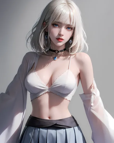 (masterpiece, best quality, (1girl:1.5), solo, intricate details, chromatic aberration), (realistic), (skin), ((breath)), (wavy white hair, bob cut, blunt bangs), detailed hair, red head ornament, blue highlights, hair over one eye, small earrings, sharp e...