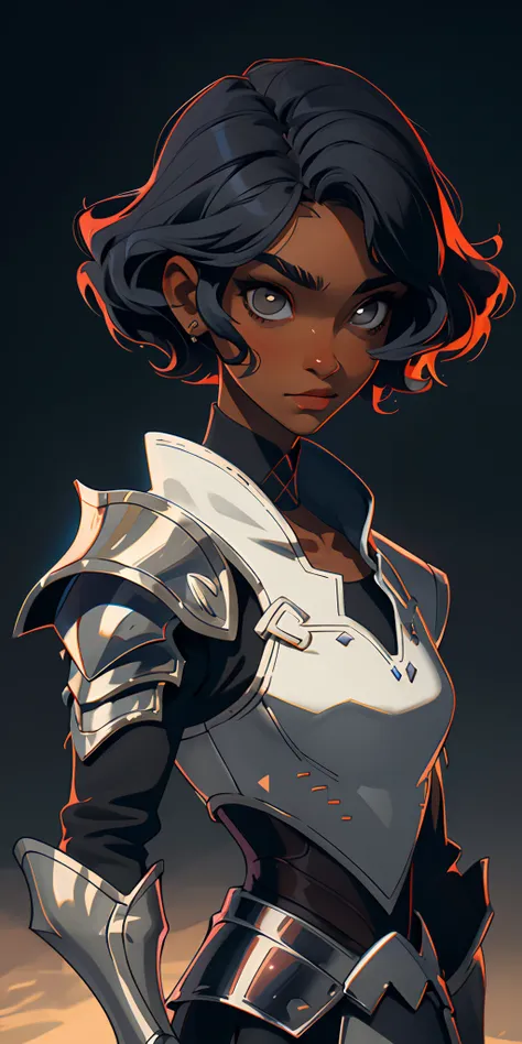 (masterpiece, top quality), 1 girl, collarbone, wavy hair, look at the beholder, dark skin, hair covering eyes, short hair, black hair, knight, armor