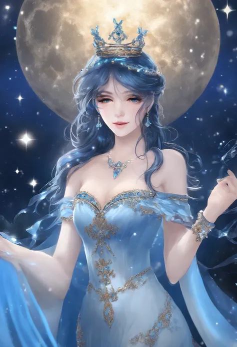 Nuit, ((1 fille)), seul, Masterpiece, 8k wallpaper, high resolucion, absurdes, High-quality background, Cheveux courts, cheveux noirs, cheveux multicolores, Beautiful frozen village, (Pleine lune lumineuse), Robe bleue, Detailed dress, robe bijoux, (magie:...