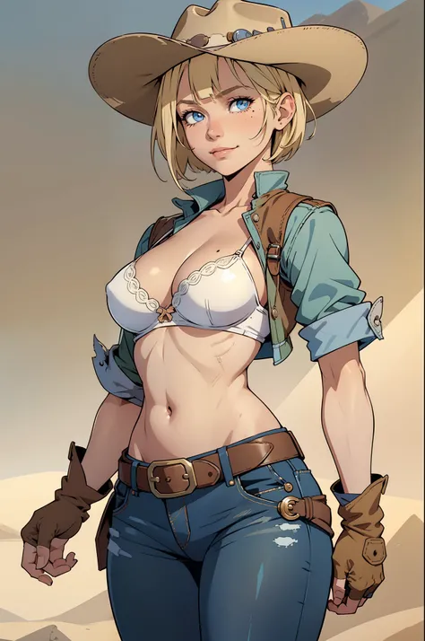 1girl, cowboy hat, white bra, green vest, no sleeves, navel, blue jeans, brown boots, fingerless gloves, short gloves, slight smile, short hair, blonde hair, parted bangs, blue eyes, mole under right eye, wild West background, sunny desert background, belt...