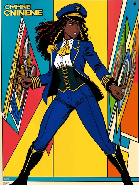 (comic style:1.3), (comic poster) (line art:1.5), (full body),(masterpiece, award winning, best quality:1.3), (flat color:1.3),(colorful:1.3), 1 girl ((solo)), Haitian, glowing hands, fighting stance, long curly black hair, dark skin, wearing an open blue ...