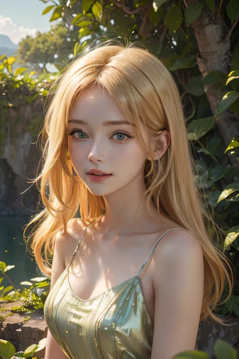 (best quality,8k,highres,masterpiece:1.2),ultra-detailed,realistic,portraits,beautiful detailed blonde girl,perfect smile,in a crater on the planet Jupiter,soft sunlight,green plants surrounding her,serene expression,gentle breeze,flowing dress,shimmering ...