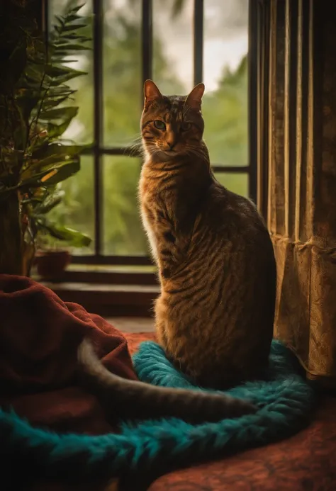 O gato monta nas costas de um Tiranossauro rex，Postura ofensiva, os dois olhando uma tv em uma sala de cinema