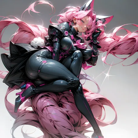 Anime milf with pink hair and rabbit ears posing in black and blue clothes, full body pose, tan skin, dark skin, seductive anime milf, Highest rated on Pisif, Anime milf, (Anime milf), pink twintail hair and cyan eyes, Pisif, at pixiv, Anime milf, hot anim...