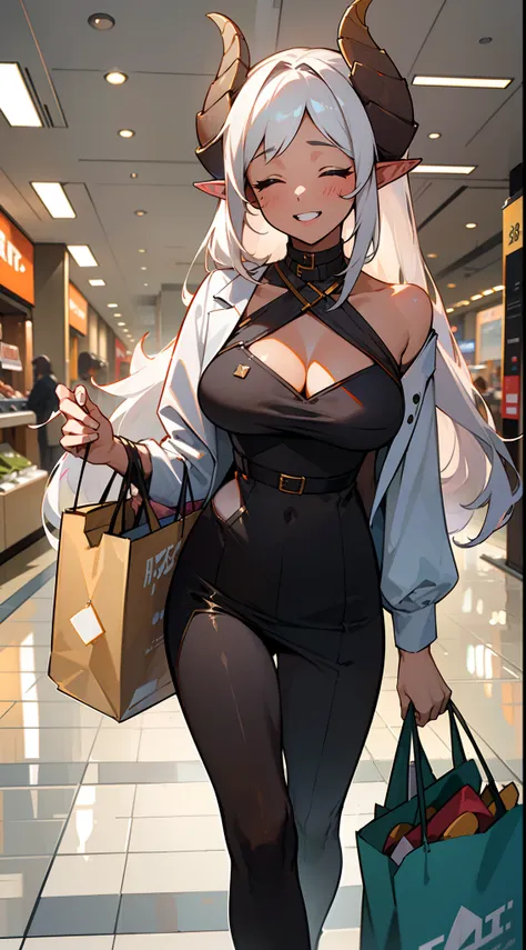 (Original Character,8k, Masterpiece, Best Quality,Detailed, solo),1 young girl,(brown skin), medium breasts,casual outfit,cleavage,long hair,closed eyes,white hair,horns,elf ears,(walking in a shopping mall corridor, many people around, holding shopping ba...