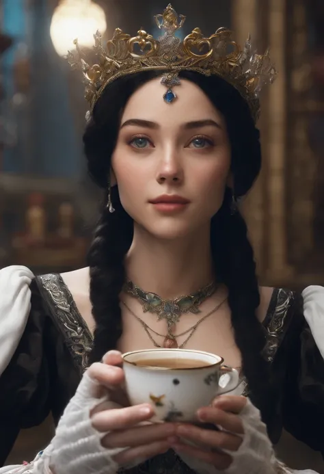 A black-haired woman in Wonderland holds her milk tea mime, natta, nature, , Wear a princess crown, 8K, detailed matte painting, deep colour, Fantastical, intricately details, splashscreen, complementary colours, fantasy concept art, 8K resolution trends o...