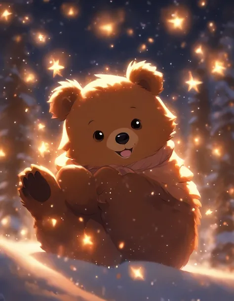 Kids Illustration，Silent Night, Quiet snow piled up Snow falling in the wind,Cute and cute brown baby bear、 Flying fireflies，（（OC rendering））