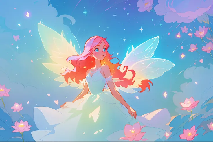 beautiful girl in flowing white layered dress, (glowing fairy wings), fairy ballgown, long wavy hair, sparkling fairy wings, watercolor illustration, magical meadow, magical flowers, bright pastel colors, glowing lights, flowers and colorful plants, inspir...