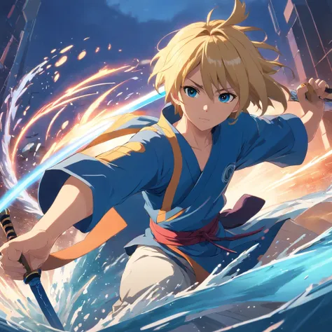 One male, anime, samurai, blonde hair, blonde beard, blue samurai armor, attacking, slashing, katana, water, middle aged, 4k, unbeatable masterpiece, ultra-detailed, realistic, HDR, studio lighting, professional, vivid colors, sharp focus, physically-based...