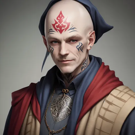 Pale bald wizard with face tattoos