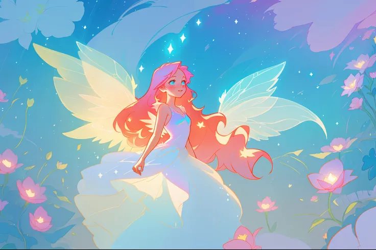 beautiful girl in flowing white layered dress, (glowing fairy wings), fairy ballgown, long wavy hair, sparkling fairy wings, watercolor illustration, magical meadow, magical flowers, bright pastel colors, glowing lights, flowers and colorful plants, inspir...