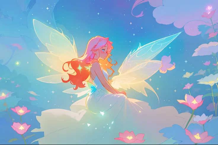 beautiful girl in flowing white layered dress, (glowing fairy wings), fairy ballgown, long wavy hair, sparkling fairy wings, watercolor illustration, magical meadow, magical flowers, bright pastel colors, glowing lights, flowers and colorful plants, inspir...