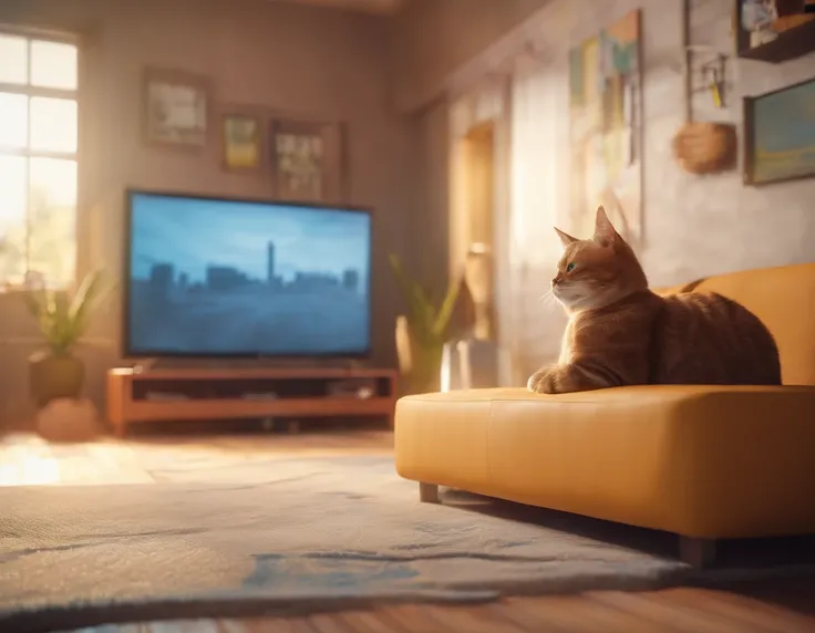 a cat watching television in a room