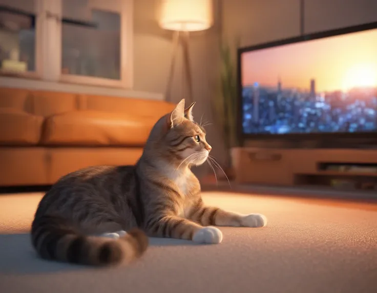 a cat watching television in a room