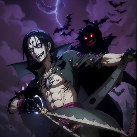 One piece manga, gecko moria, halloween theme, bats flying, vampire, dark theme, darkness vibe, terror, scissors, beautiful boy, gothic boy, vanitas, extreme long hair boy, vampire, pale skin, evil smile, kage kage no mi