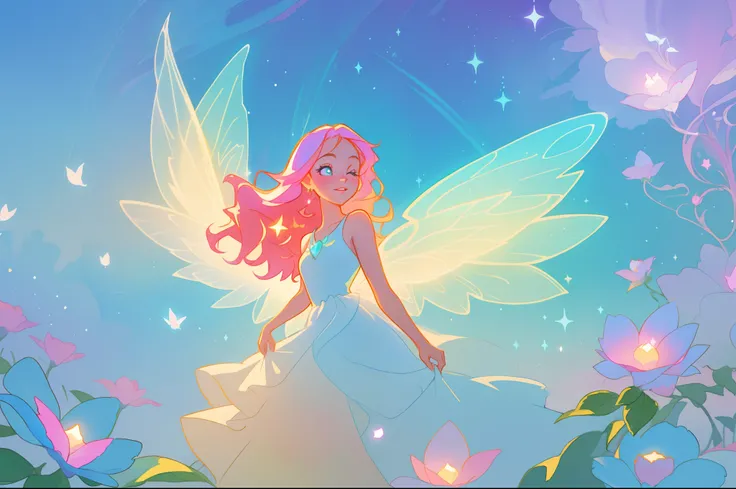 beautiful girl in flowing white layered dress, (glowing fairy wings), fairy ballgown, long wavy hair, sparkling fairy wings, watercolor illustration, magical meadow, magical flowers, bright pastel colors, glowing lights, flowers and colorful plants, inspir...