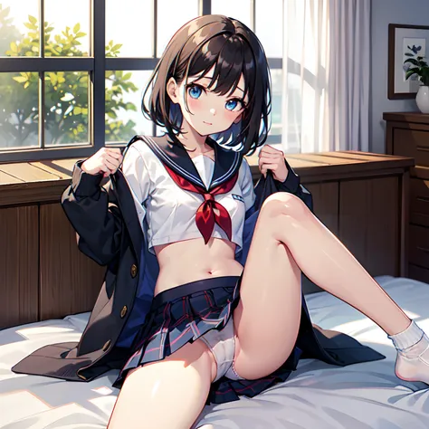 Super delicate and cute girl with black hair、a junior high school student、14years、8K Ultra High Definition, Delicate texture,Medium Hair、flat chest、 bedroom、on the beds、 (((Plaid pleated skirt)))、(((a sailor suit)))、 shortsleeves、 small tits、 a navel、 Flip...