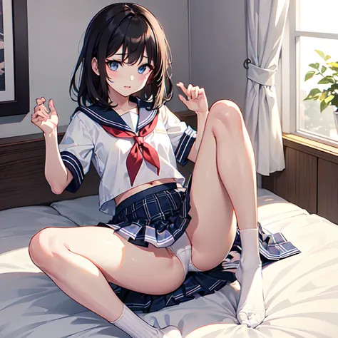 Super delicate and cute girl with black hair、a junior high school student、14years、8K Ultra High Definition, Delicate texture,Medium Hair、flat chest、 bedroom、on the beds、 (((Plaid pleated skirt)))、(((a sailor suit)))、 shortsleeves、 small tits、 a navel、 Flip...