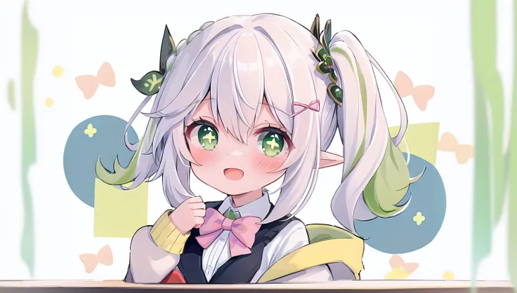 (best quality,8k,masterpiece:1.2),anime girl with white hair and green eyes,wearing a bow tie, elf girl, elf girl in a floral dress, pastel colors, kawaii realistic portrait, water splashing art anime loli, cute anime art style, cute anime girl with a vibr...