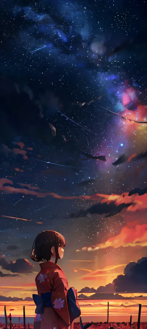 1girl, a distant girl kiss girl in a kimono gazing at the stars, (zoomed: 1.1), (meteor shower: 1.2), (comet: 1.1), your name, low angle, from behind, Northern Lights, meteors, yukata, red kimono, cherry blossoms, standing in the field, best quality, maste...