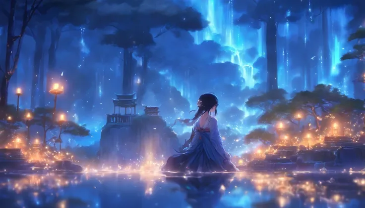 (Masterpiece, Best quality), 1girll(atenea_Asamiya Palace), Cute dress, Long black hair, Sitting, Beautiful outdoor background, Night, forest，highly detailed surreal vfx，China ink painting，water ink，ink，Smudge，downpours，Get wet，China-style，中景 the scene is，...