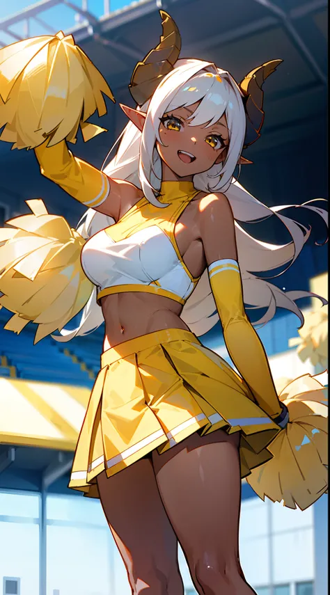 (Original Character,8k, Masterpiece, Best Quality,Detailed, solo),1girl,(brown skin), medium breasts,long hair,yellow eyes,white hair,horns,elf ears,(Cheerleader blue outfit, holding yellow pompoms, standing in a school stadium),happy,teeth,