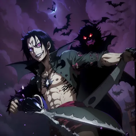 One piece manga, gecko moria, halloween theme, bats flying, vampire, dark theme, darkness vibe, terror, scissors, beautiful boy, gothic boy, vanitas, extreme long hair boy, vampire, pale skin, evil smile, kage kage no mi