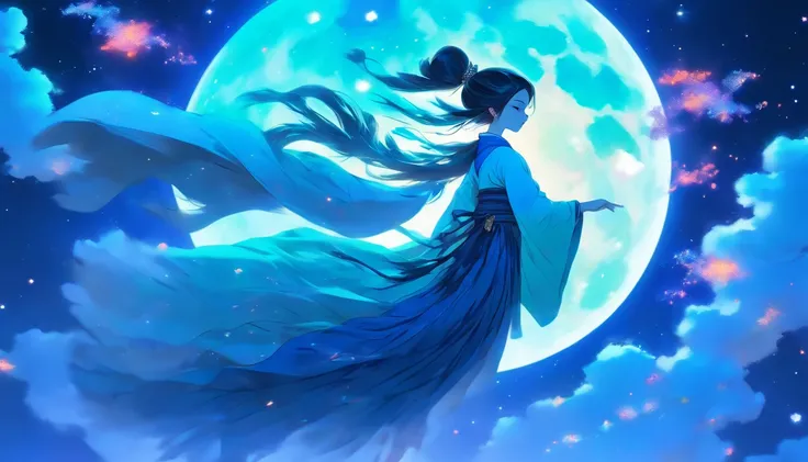 a woman wearing Hanfu flying to the moon, long hair, in the style of feminine sticker art, cyber style, dark blue and dark aquamarine, nightcore, silhouettes in space, transparent/translucent medium, shaped canvas, flowing silhouettes