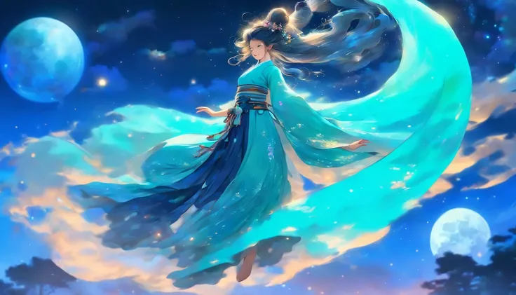 a woman wearing Hanfu flying to the moon, long hair, in the style of feminine sticker art, cyber style, dark blue and dark aquamarine, nightcore, silhouettes in space, transparent/translucent medium, shaped canvas, flowing silhouettes