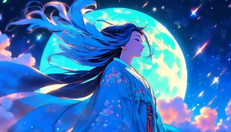 a woman wearing Hanfu flying to the moon, long hair, in the style of feminine sticker art, cyber style, dark blue and dark aquamarine, nightcore, silhouettes in space, transparent/translucent medium, shaped canvas, flowing silhouettes