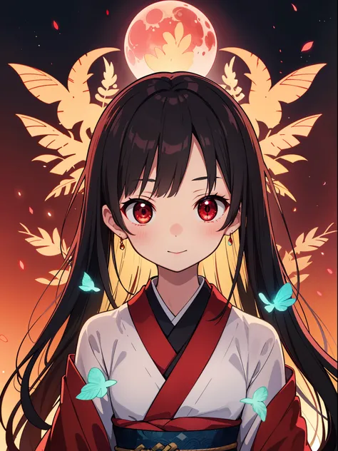 Masterpiece, best quality, 1girl , black hair , red eyes, kimono, obi , hanfu , darkness, dark , luminous, glowing skin, bioluminescence, luminesce, partical, bioluminescent plants, glowing red forest, red skin ,red blood moon