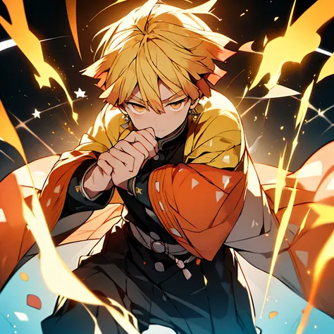 "craft an intense 32k artwork of zenitsu in the midst of battle, with his sword drawn and orange energy emanating from him. util...