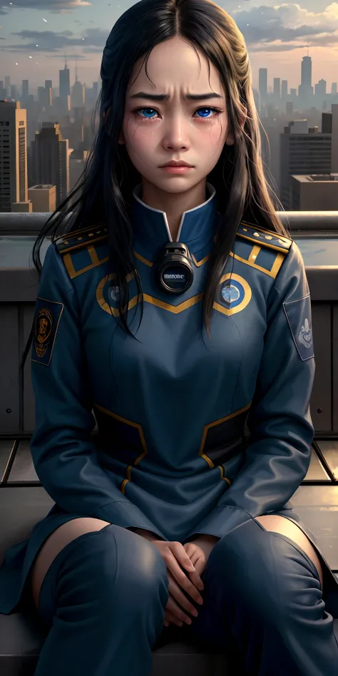 (best quality,4k,highres,masterpiece:1.2),ultra-detailed,realistic,asian girl,elaborate futuristic military uniform,long dark hair,(blue color eyes)distorted expression of (sadness:1.5),tears welling up in her eyes,city rooftop,hand covering mouth to suppr...