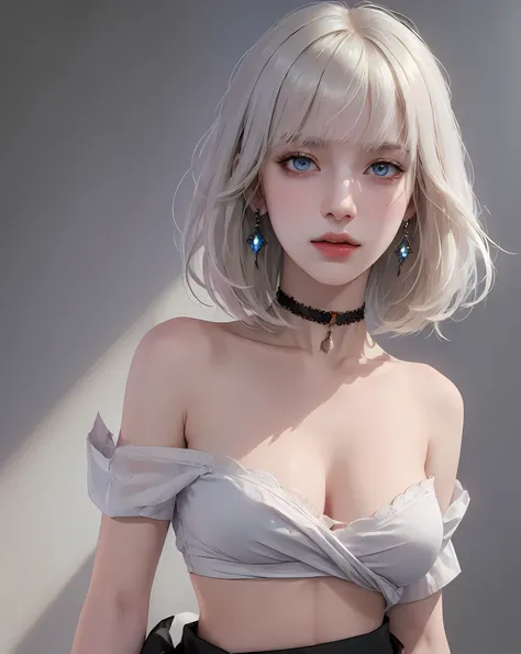 (masterpiece, best quality, (1girl:1.5), solo, intricate details, chromatic aberration), (realistic), (skin), ((breath)), (wavy white hair, bob cut, blunt bangs), detailed hair, red head ornament, blue highlights, hair over one eye, small earrings, sharp e...