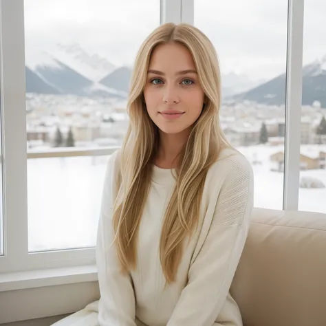 Photo RAW, a beautiful european woman, brown eyes, long dirty blonde hair with blonde tips, wearing only a luxurious sweater, sitting in front of a large window to the view of the snow of Saint Moritz, in a luxurious hotel, SLR camera, ultra-quality, sharp...